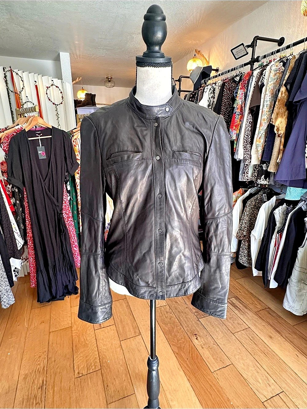 Kenneth Cole New York Black Leather Snap Front Shirt Jacket